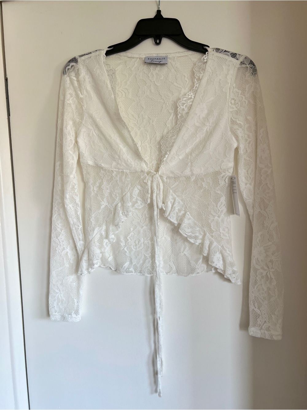 NWT Rosabelle Honey White Sheer Lace Tie-Front Ruffle Blouse (Fits Small)